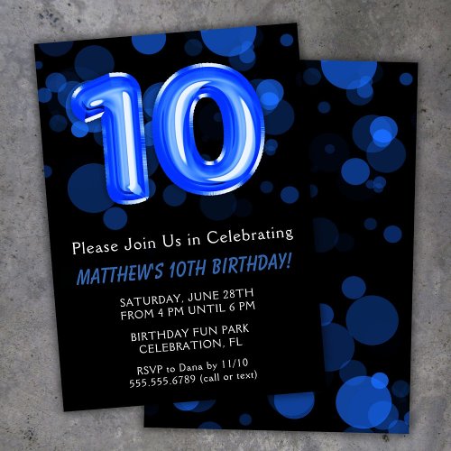 10th Birthday Balloons Kids Blue Boy Party Invitation