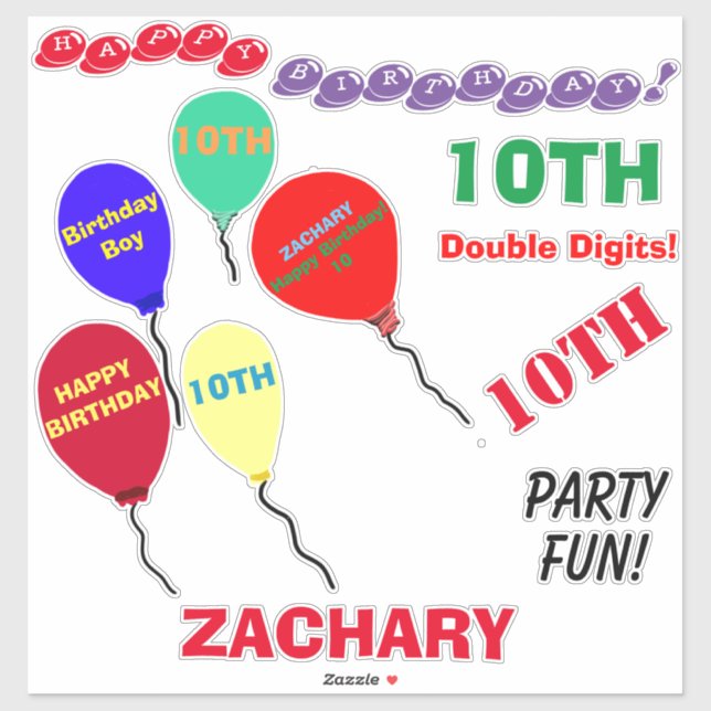 10th Birthday Balloons Personalized Vinyl Sticker (Sheet)