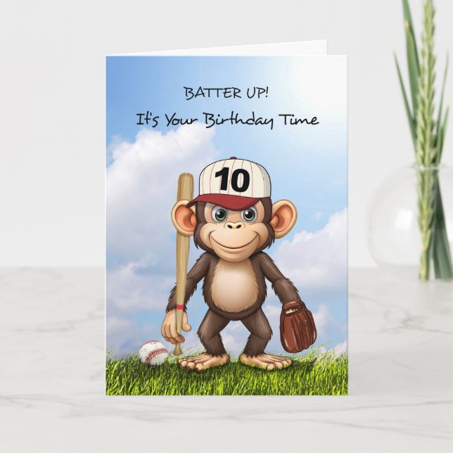 10th Birthday Baseball Birthday Monkey Bat Ball Card (Front)