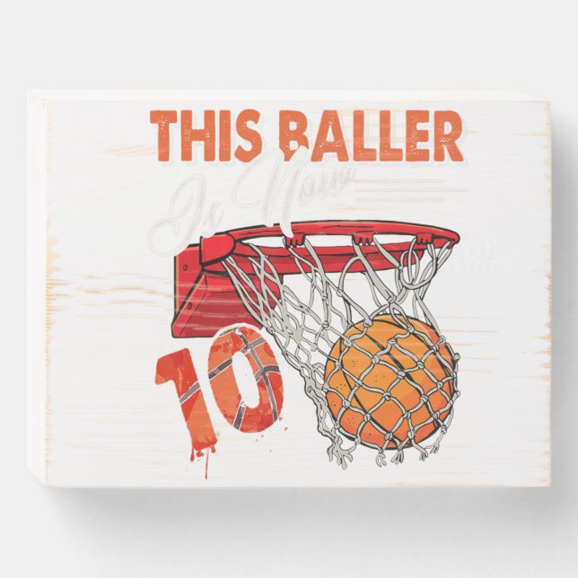 10th Birthday Basketball TShirt Funny 10 Years Old Wooden Box Sign (Front Horizontal)