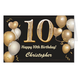 10th Birthday Black and Gold Balloons Extra Large Card