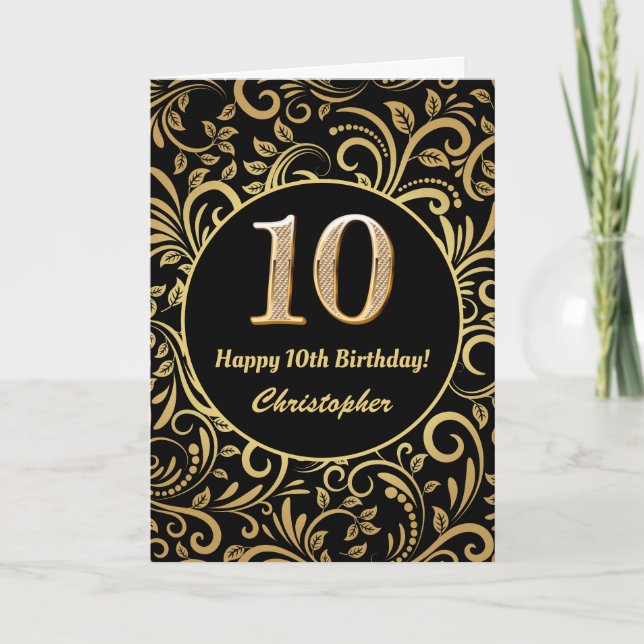 10th Birthday Black and Gold Floral Pattern Card (Front)