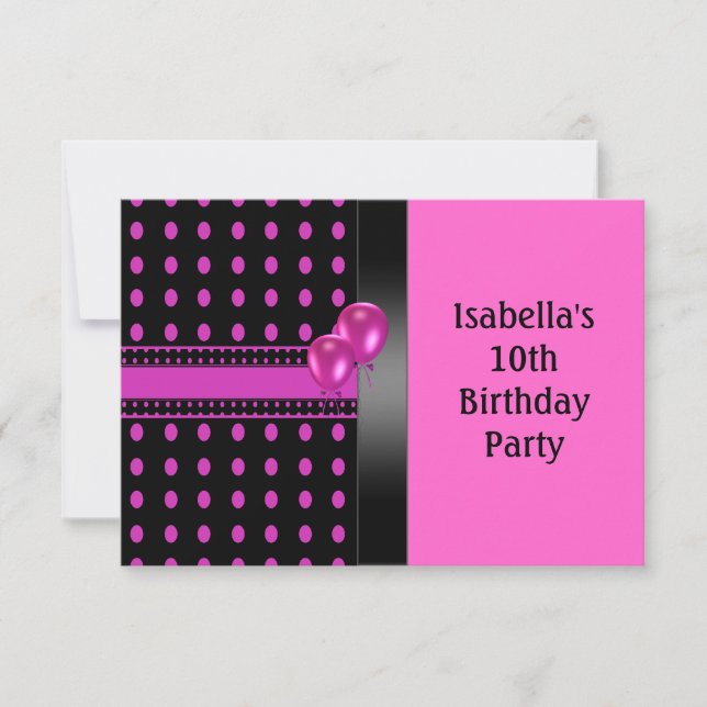 10th Birthday Black Pink Spots Pattern & Balloons Invitation (Front)