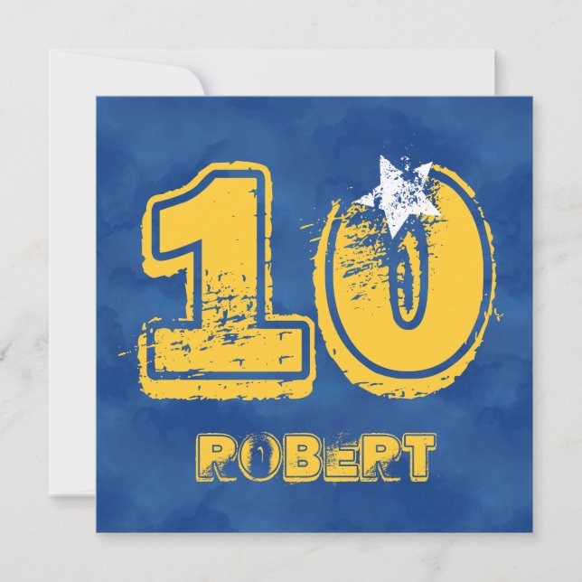 10th Birthday Blue and Gold Modern Grunge G10 Invitation (Front)