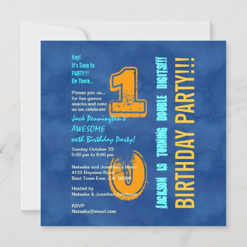 10th Birthday Blue and Gold Modern Grunge G10B Invitation