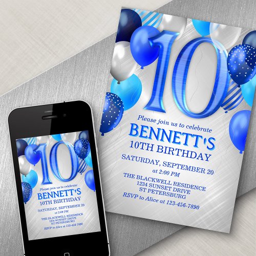10th Birthday Blue Balloons Invitation