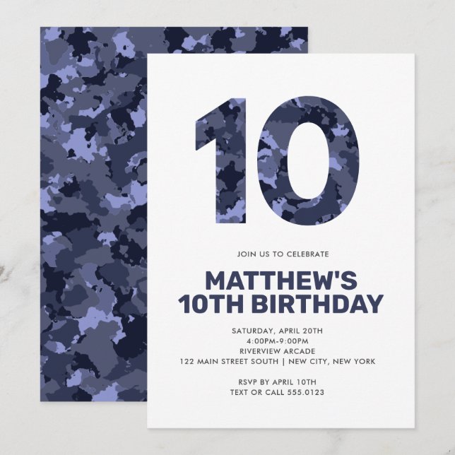10TH Birthday,  Blue Camo Personalized Party Invitation (Front/Back)