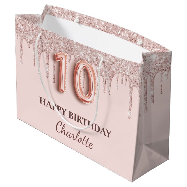10th birthday blush pink glitter drips large gift bag (Back Angled)