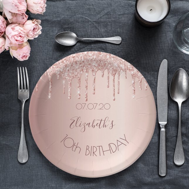 10th birthday blush rose gold glitter drips name paper plates (Creator Uploaded)