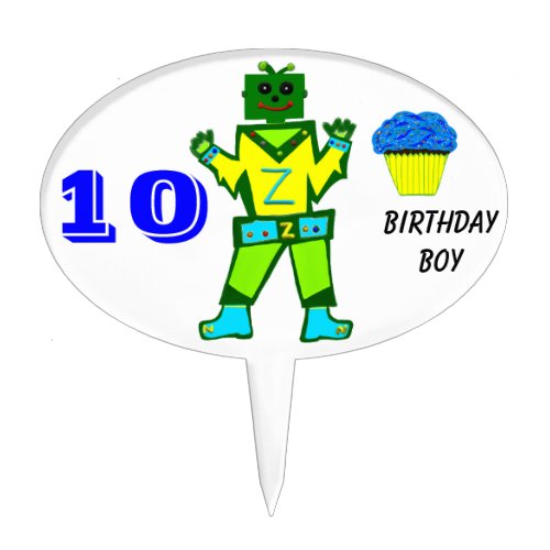 10th Birthday Boy Robot and Blue Frosting Cupcake Cake Topper