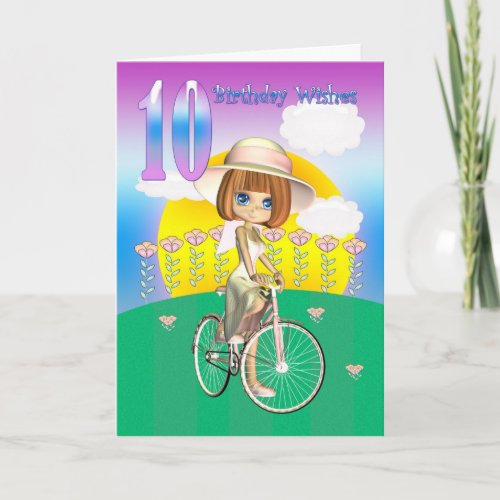 10th Birthday Card with little girl on bike