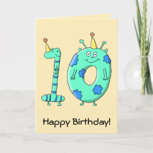 10th Birthday Cartoon, Teal Green and Blue. Card
