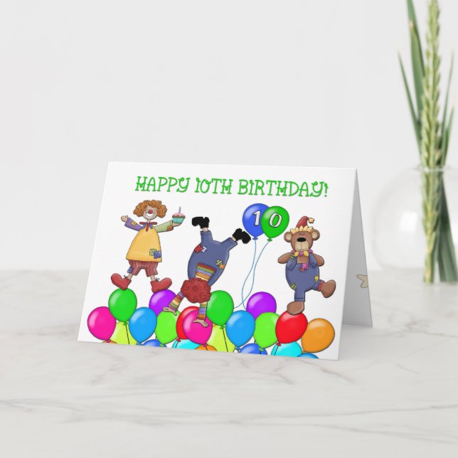 10th Birthday Clowns Balloons Card (Front)