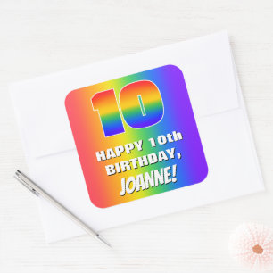 10th Birthday: Colorful, Fun Rainbow Pattern # 10 Square Sticker