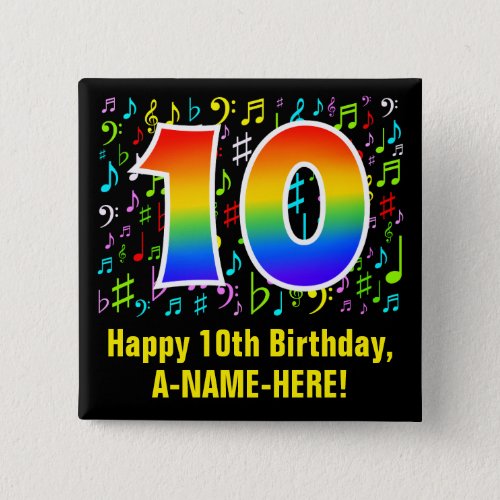 10th Birthday Colorful Music Symbols Rainbow 10 Button