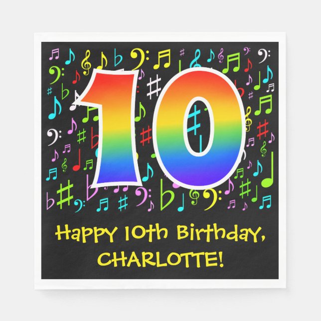 10th Birthday - Colorful Music Symbols, Rainbow 10 Napkins (Front)