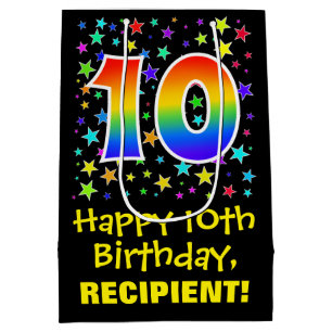 10th Birthday: Colorful Stars Pattern & Rainbow 10 Medium Gift Bag
