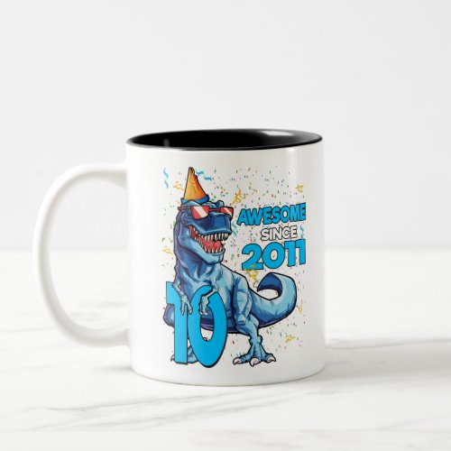10th Birthday Dinosaur 10 Year Old Boy Kids Two_Tone Coffee Mug