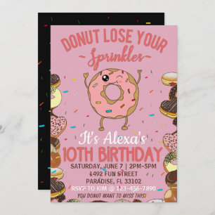 10th Birthday Donut Theme Funny Girls Party Invitation