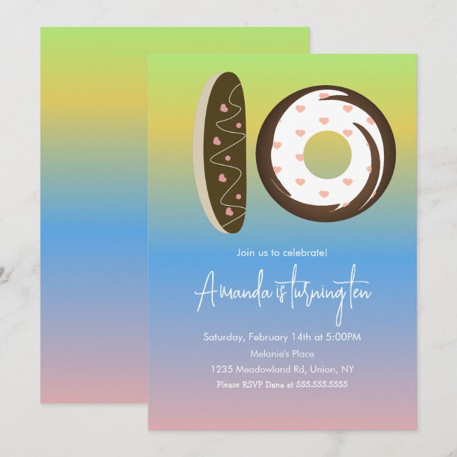 10th Birthday Donuts Rainbow Ombre Party Invitation (Front/Back)