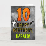 10th Birthday: Eerie Halloween Theme   Custom Name Card<br><div class="desc">The front of this scary and spooky Halloween themed birthday greeting card design features a large number “10” and the message “HAPPY BIRTHDAY, ”, plus an editable name. There are also depictions of a bat and a ghost on the front. The inside features a customizable birthday greeting message, or could...</div>