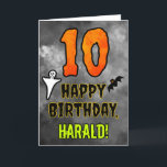 10th Birthday: Eerie Halloween Theme   Custom Name Card<br><div class="desc">The front of this scary and spooky Halloween themed birthday greeting card design features a large number “10” and the message “HAPPY BIRTHDAY, ”, plus an editable name. There are also depictions of a bat and a ghost on the front. The inside features a customizable birthday greeting message, or could...</div>