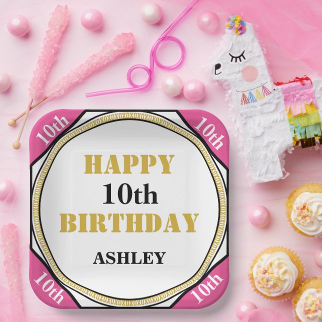 10th Birthday Elegant Pink Gold Paper Plates (Party)