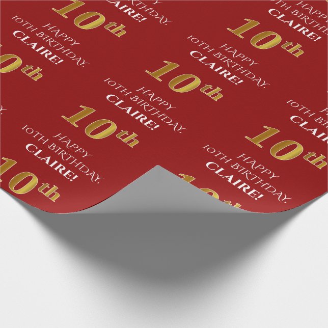 10th Birthday: Elegant, Red, Faux Gold Look Wrapping Paper (Corner)