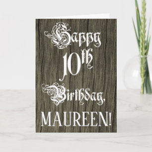10th Birthday: Fancy, Elegant Text; Faux Wood Look Card