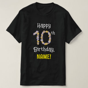 10th Birthday: Floral Flowers Number “10” + Name T-Shirt