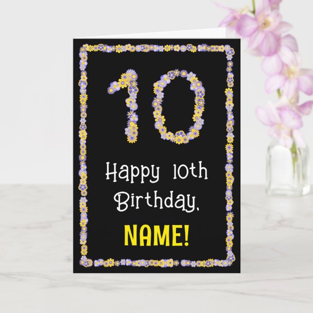 10th Birthday: Floral Flowers Number, Custom Name Card (Orchid)