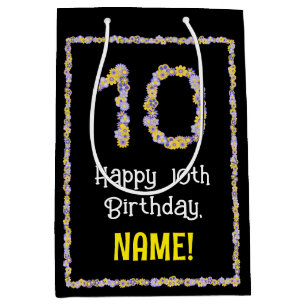 10th Birthday: Floral Flowers Number, Custom Name Medium Gift Bag