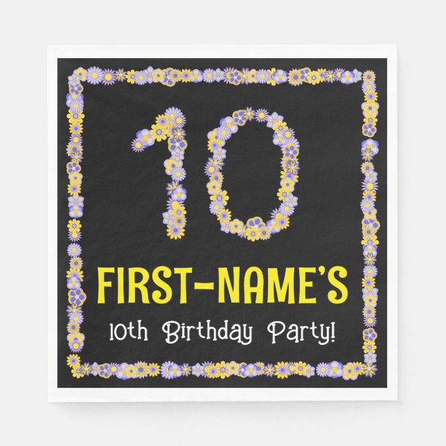 10th Birthday: Floral Flowers Number, Custom Name Napkins (Front)