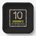 [ Thumbnail: 10th Birthday: Floral Flowers Number, Custom Name Paper Plates ]