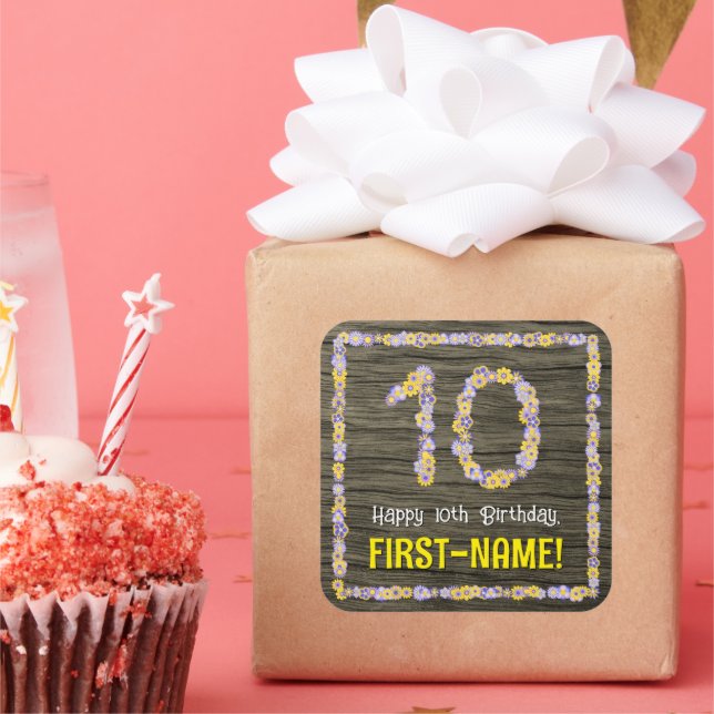 10th Birthday: Floral Number, Faux Wood Look, Name Square Sticker (Party)