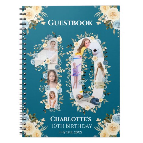 10th Birthday Flower Teal Photo Yellow Guest Book