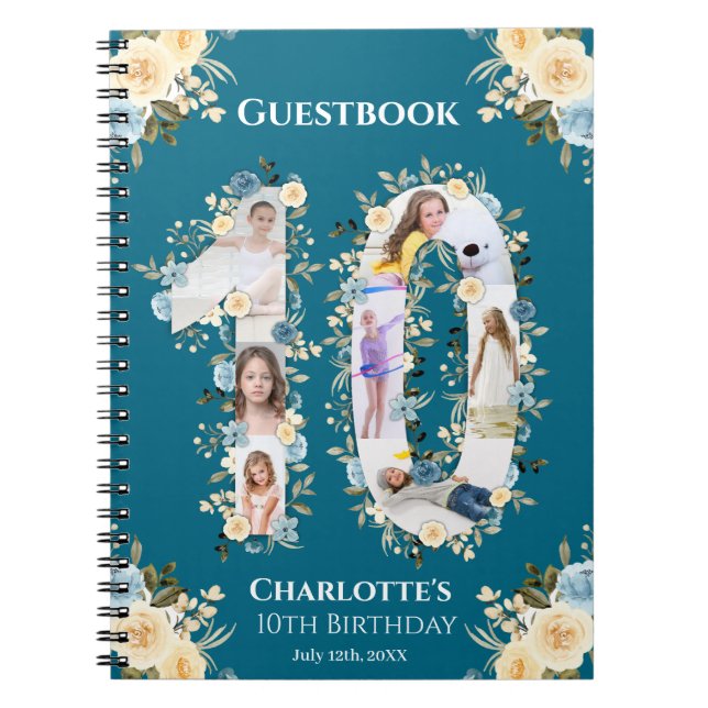10th Birthday Flower Teal Photo Yellow Guest Book (Front)