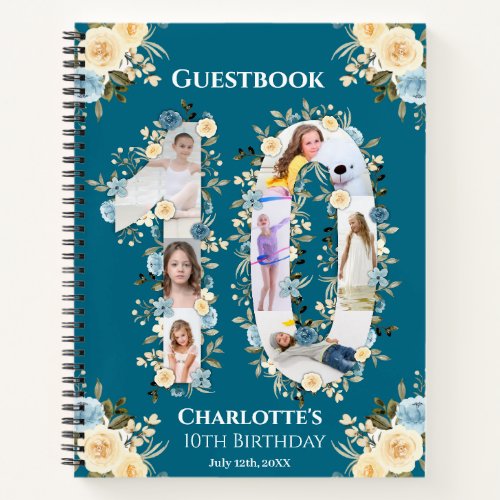 10th Birthday Flower Teal Photo Yellow Guest Book