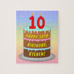 [ Thumbnail: 10th Birthday: Fun Cake and Candles + Custom Name Jigsaw Puzzle ]