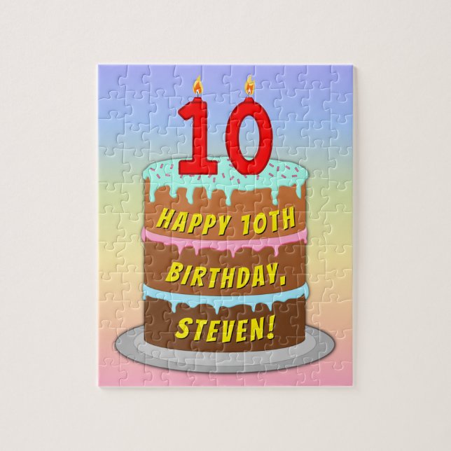 10th Birthday: Fun Cake and Candles + Custom Name Jigsaw Puzzle (Vertical)