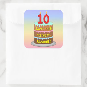 10th Birthday: Fun Cake and Candles + Custom Name Square Sticker