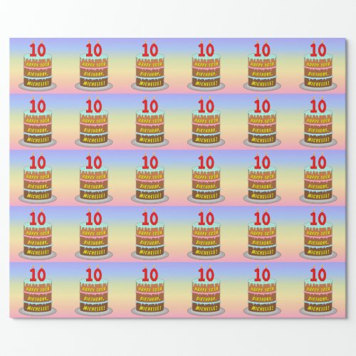 10th Birthday Fun Cake and Candles  Custom Name Wrapping Paper
