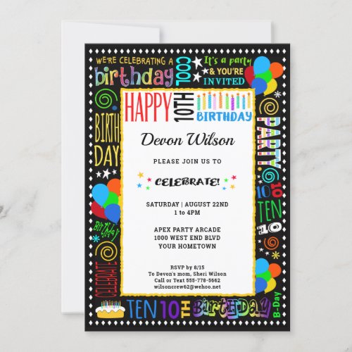 10th Birthday Fun Color Crazy Text on Black Party Invitation