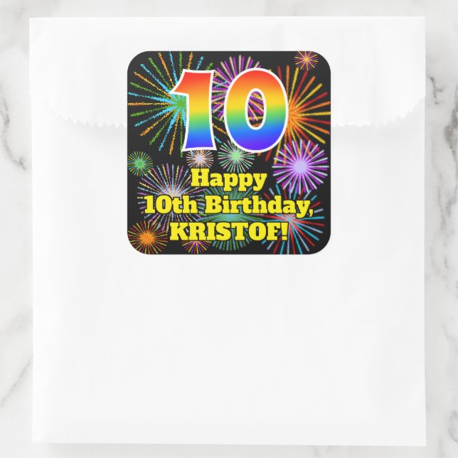 10th Birthday: Fun Fireworks Look, Rainbow # 10 Square Sticker (Bag)
