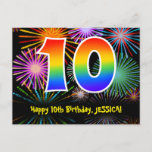 [ Thumbnail: 10th Birthday – Fun Fireworks Pattern + Rainbow 10 Postcard ]
