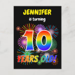[ Thumbnail: 10th Birthday - Fun Fireworks, Rainbow Look "10" Postcard ]
