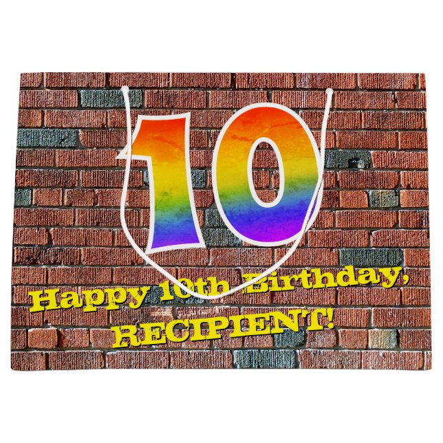 10th Birthday: Fun, Graffiti-Inspired Rainbow # 10 Large Gift Bag (Front)
