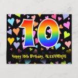 [ Thumbnail: 10th Birthday: Fun Hearts Pattern, Rainbow 10 Postcard ]