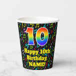 [ Thumbnail: 10th Birthday: Fun Music Notes Pattern, Rainbow 10 Paper Cups ]