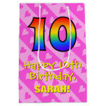 [ Thumbnail: 10th Birthday: Fun Pink Hearts Stripes; Rainbow 10 Gift Bag ]